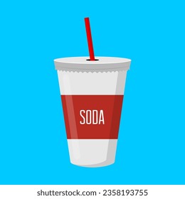 Disposable paper cup with drinking straw for cold drinks and soda isolated on blue background