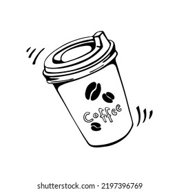 Disposable paper cup with hot coffee black and white isolated on white background