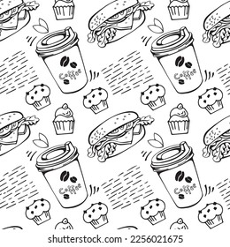 Disposable paper cup with hot coffee, Burger, Muffin with chocolate chips, Cupcake, leaves, decorative elements linear sketch black and white isolated on white background seamless pattern