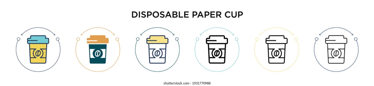 Disposable paper cup icon in filled, thin line, outline and stroke style. Vector illustration of two colored and black disposable paper cup vector icons designs can be used for mobile, ui, web