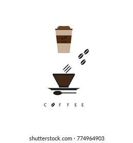 A disposable paper cup with a plastic lid and a mug with a saucer and a spoon are depicted. Inscription coffee and grain.