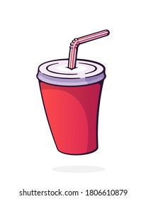 Disposable paper cup with soda and straw. Glass with carbonated cold drink. Film industry and fast food symbol. Cartoon vector illustration with outline. Clip art Isolated on white background