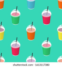 Disposable paper cup with straw seamless pattern. Isometric illustration. Fast food. Vector background