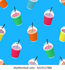 Disposable paper cup with straw seamless pattern. Isometric illustration. Fast food. Vector background