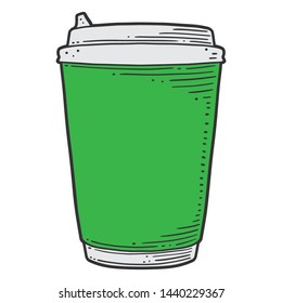 Disposable paper cup. Vector concept in doodle and sketch style. Hand drawn illustration for printing on T-shirts, postcards. Icon and logo idea.