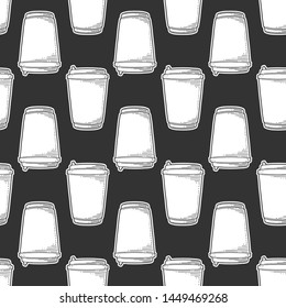 Disposable paper cup. Vector concept in doodle and sketch style. Hand drawn illustration for printing on T-shirts, postcards. Seamless pattern for textile, paper wrap. Texture background.