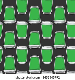 Disposable paper cup. Vector concept in doodle and sketch style. Hand drawn illustration for printing on T-shirts, postcards. Seamless pattern for textile, paper wrap. Texture background.