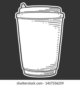 Disposable paper cup. Vector concept in doodle and sketch style. Hand drawn illustration for printing on T-shirts, postcards. Icon and logo idea.