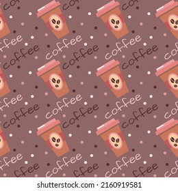 Disposable paper cups with coffee brown background seamless pattern