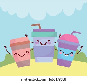 disposable paper cups coffee menu character cartoon food cute vector illustration