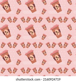 Disposable paper cups with coffee pink background, waves and dots seamless pattern