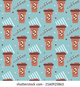 Disposable paper cups with coffee teal background and dots seamless pattern