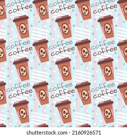 Disposable paper cups with coffee teal background, stripes and dots seamless pattern