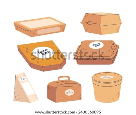 Disposable Paper Packages Set. Eco-friendly, Lightweight Containers Such As Packs, Boxes, Plates, Cups And Utensils