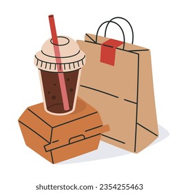 Disposable paper packaging. Food delivery bag, takeaway cardboard fast food containers, box and plastic cup flat vector illustration