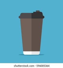 Disposable paper or plastic coffee cup isolated on blue background. Flat design. Vector illustration. EPS 8, no transparency