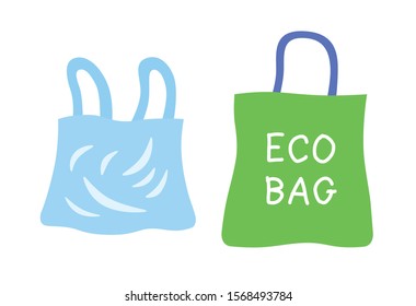 Disposable plastic bag and green eco bag isolated flat vector cartoon icons
