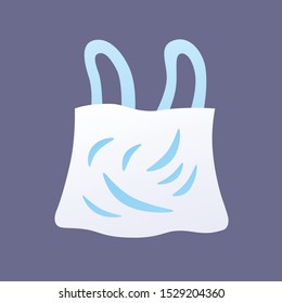 Disposable plastic bag isolated on black flat vector illustration, environment pollution, waste issue.