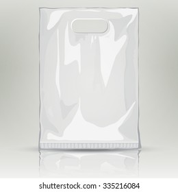 Disposable Plastic Bag. Mock up template of empty plastic container. Vector nylon bag illustration. Blank plastic pocket bag with place for your design and branding