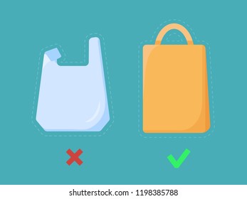 Disposable plastic bag and paper shopping bag images. Pollution problem concept. Cellophane package ban sign for stores and shops. Vector illustration, simple flat style.