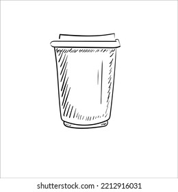 Disposable Plastic Or Cardboard Cup. Container For Cold, Hot Drink, Cofee And Tea Cups. Takeaway Drinks. Hand Drawing Vector Illustration . 