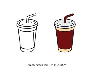 Disposable plastic carton cup with straw for tea, coffee, soda drink in red colors isolated on white background. Hand drawn vector sketch illustration in doodle engraved vintage style. Coloring book