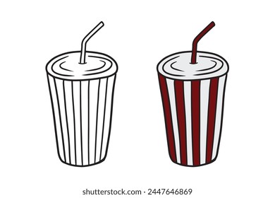 Disposable plastic carton cup with straw for tea, coffee, soda drink in red colors isolated on white background. Hand drawn vector sketch illustration in doodle engraved vintage style. Coloring book.