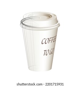 Disposable plastic coffee cup. Vector illustration of a 3D image of a disposable plastic cup for coffee. Sketch for creativity.