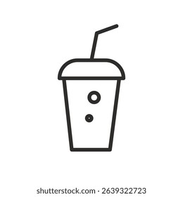 disposable plastic cup icon, paper cup with straw, cold drink concept, simple line vector illustration