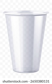 Disposable plastic cup isolated on transparent background. Transparent glossy cup for cold drinks such as soda, sparkling water, soft and alcoholic drinks, beer. Mock up