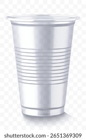 Disposable plastic cup isolated on transparent background. Transparent glossy cup for cold drinks such as soda, sparkling water, soft and alcoholic drinks, beer. Mock up
