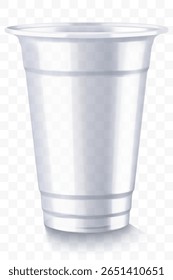 Disposable plastic cup isolated on transparent background. Transparent glossy cup for cold drinks such as soda, sparkling water, soft and alcoholic drinks, beer. Mock up