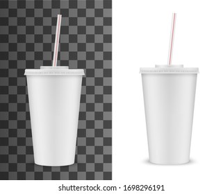 Tubo de plástico desechable con tapa y paja aislada 3D mockup vectorial realista. Tómate blanco en blanco para bebidas frías o calientes, refrescos y café, cóctel y té. Copa aislada de comida rápida