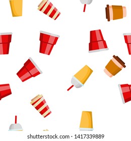 Disposable Plastic Cup Linear Vector Icons Seamless Pattern. Coffee To Go Cup Thin Line Contour Symbols Pack. Takeaway Beverage Pictograms Collection. Coffee, Ice tea, Cola Mugs