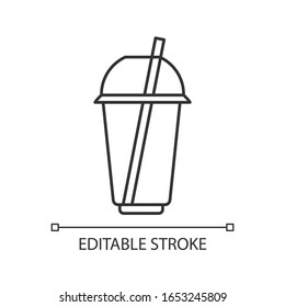 Disposable Plastic Cup Pixel Perfect Linear Icon. Thin Line Customizable Illustration. Mug For Cold Drink, Soda, Juice With Dome Lid And Straw. Beverage. Vector Isolated Drawing. Editable Stroke