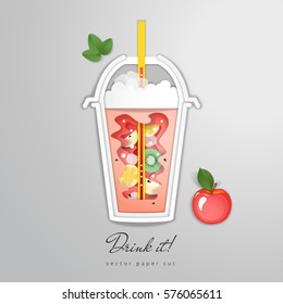 Disposable plastic cup with a straw and a drink. Vector paper cut design. Drink it.