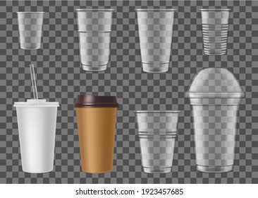 Disposable plastic cups for fast food cafe drinks mockup. Empty cardboard and plastic containers for hot and cold beverages, coffee, beer and cocktails with straw and lid 3d realistic vector templates
