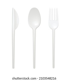 Disposable plastic cutlery in realistic style, vector illustration isolated on white background. Knife, spoon and fork set. Tableware for picnics and takeaways.