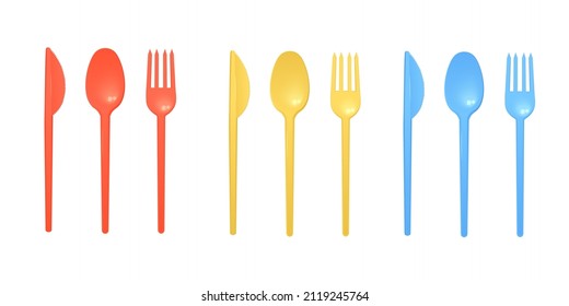 Disposable plastic cutlery templates set in three colors, realistic vector illustration isolated on white background. Plastic spoon, knife and fork tableware set mockup.