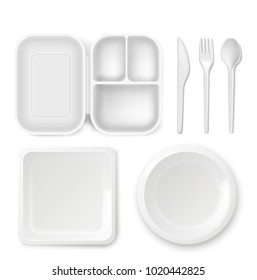 Disposable plastic dishware plates and cutlery vector illustration. 3D realistic lunch box, spoon, fork or knife and food package container. Picnic party tableware isolated icons on white background