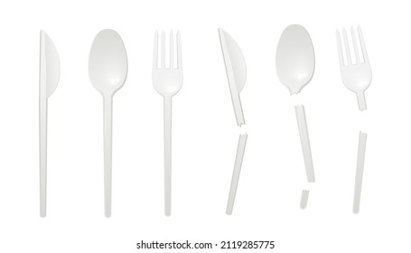 Disposable plastic fork, knife and spoon tools whole and broken. Template of plastic cutlery serving set, realistic vector illustration isolated on white background.