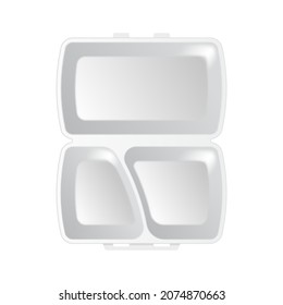 Disposable plastic lunch box container. Realistic white 3D plastic lunch-box for food delivery, picnic and party tableware isolated icon on white background. Vector illustration