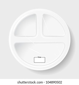 disposable plastic plate with three sections for food on a white background