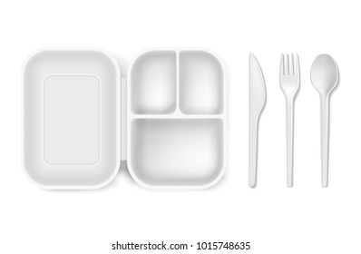 Disposable plastic spoon, fork or knife and lunch-box vector illustration. Realistic white 3D plastic lunch box and cutlery or picnic and party tableware isolated icons set on white background