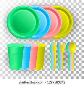 Disposable plastic tableware. Multi-colored glass cup, knife, fork and spoon. Vector illustration.