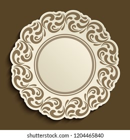 Disposable plate with ornamental border pattern, cutout paper label with decorative floral pattern, eps10 vector illustration