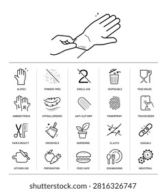 Disposable protective gloves icon set. The outline vector icons are well scalable and editable for packaging label design. Great for infographic for different backgrounds. EPS10.