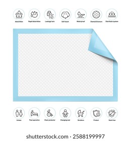  Disposable rectangular changing mat mockup with set icons. Vector illustration isolated on white background. Template for your product. EPS10.