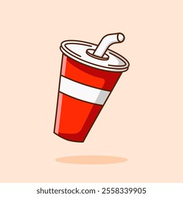 Disposable red plastic cup with straw, isolated. Paper cup icon in flat style. Vector illustration of drink glasses for soda, tea, coffee or others.