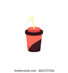 Disposable red plastic or paper cup with straw for fast food restaurants, flat vector illustration isolated on white background. Cup for take away beverages.
